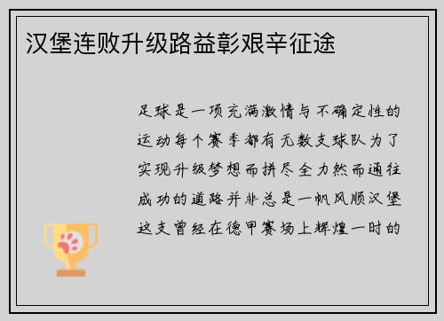 汉堡连败升级路益彰艰辛征途