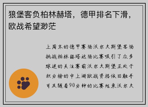 狼堡客负柏林赫塔，德甲排名下滑，欧战希望渺茫