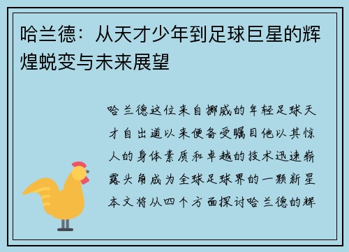 哈兰德：从天才少年到足球巨星的辉煌蜕变与未来展望