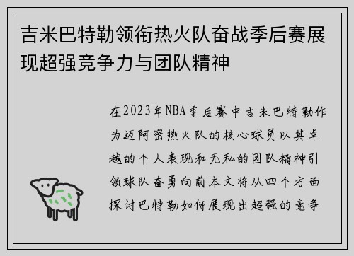 吉米巴特勒领衔热火队奋战季后赛展现超强竞争力与团队精神